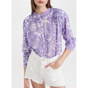 SUNDRY Cotton Palm Beach Henley in Bright Orchid Purple White Size XS